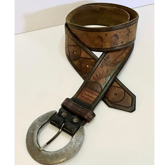 Vintage 70s Leather Belt Tooled Painted Egyptian Symbols Sz 34 Artisan Engraved - Picture 1 of 8